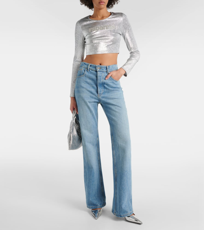 Rabanne Silver Long-sleeved Crop Top With Logo In Silver
