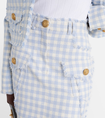 Shop Balmain Checked Cotton-blend Tweed Miniskirt In Blue