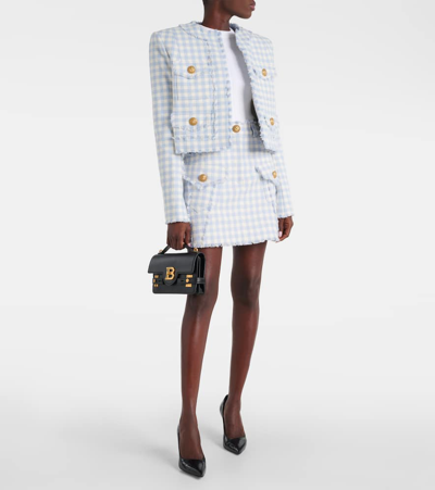 Shop Balmain Checked Cotton-blend Tweed Miniskirt In Blue