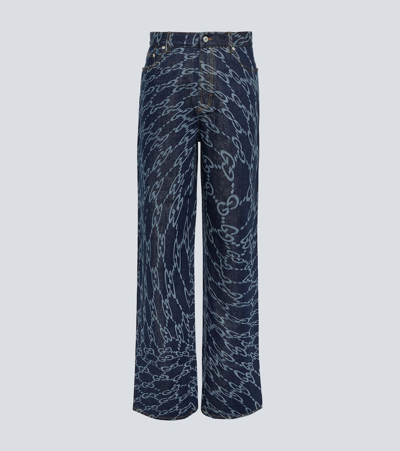 Shop Gucci Wavy Gg Wide-leg Jeans In Blue