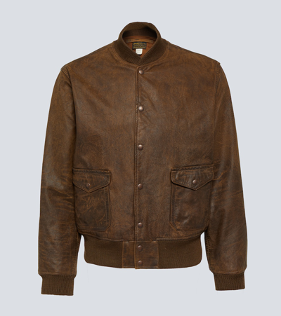 Shop Rrl Leather Bomber Jacket In Brown