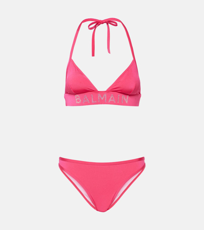 Shop Balmain Logo Crystal-embellished Bikini In Pink