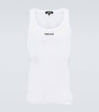 Shop Versace Logo Cotton-blend Tank Top In White