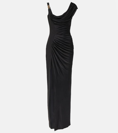 Shop Versace Medusa '95 Draped Jersey And Crêpe Gown In Black