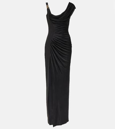 Versace Medusa Draped Maxi Dress In Black