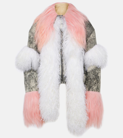 Shop Attico Shearling-trimmed Leather Jacket In Multicoloured