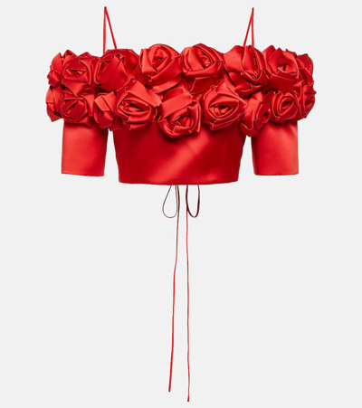 Shop Rasario Floral-appliqué Open-back Satin Crop Top In Red