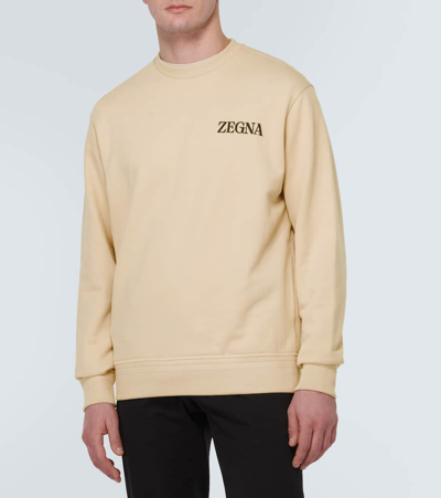 Zegna Rubberised-logo Cotton Sweatshirt In Beige