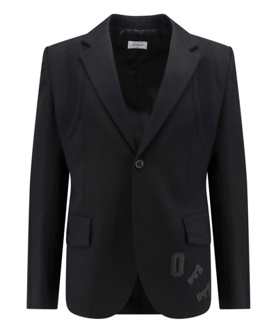 Off-white Wool Blazer Embroidered Detail Front Flap Pockets In Black
