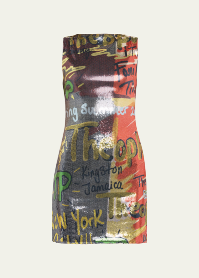 Shop Theophilio High-neck Sequined Graffiti Mini Dress In Graffiti Print