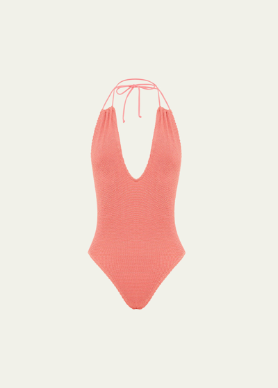 Shop Bond-eye Swim Bisou Halter One-piece Swimsuit In Shell Lurex