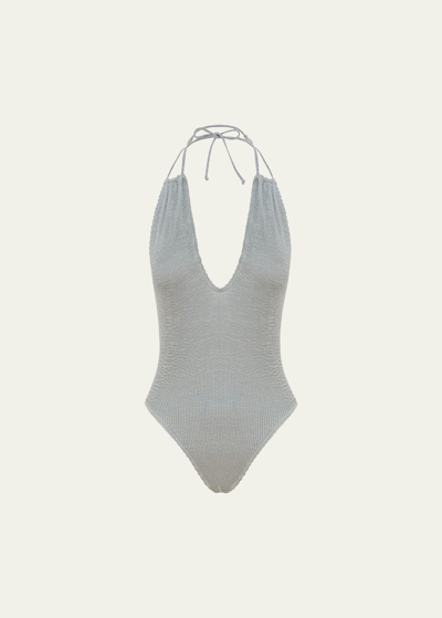 Shop Bond-eye Swim Bisou Halter One-piece Swimsuit In Chrome Silver