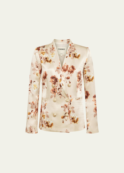 Shop L Agence Rose Printed Colin Satin Double-breasted Blazer In Buff Multi