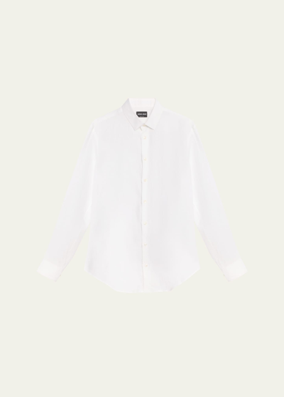 Shop Giorgio Armani Men's Solid Linen Sport Shirt In White