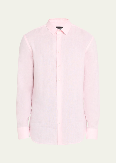 Shop Giorgio Armani Men's Linen Sport Shirt In Pastel Pink