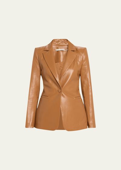 Shop Alice And Olivia Macey Fitted Vegan Leather Blazer In Camel