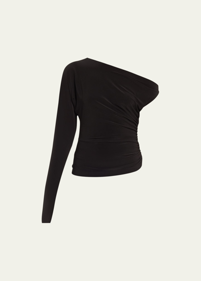 Shop Norma Kamali One-sleeve Drop-shoulder Side-drape Top In Black