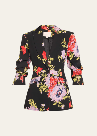 Shop Cinq À Sept Cheyenne Chrysanthemum-print Scrunched-sleeve Blazer In Black Multi