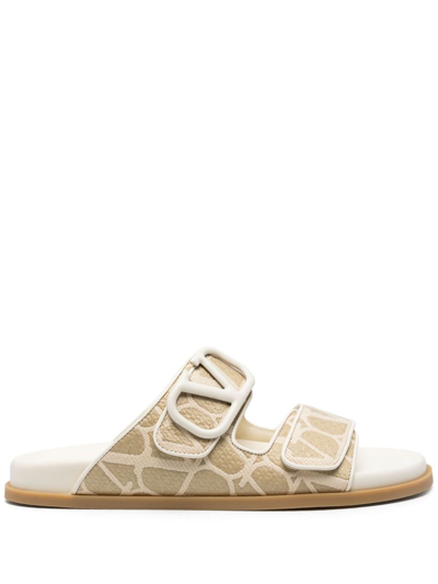 Shop Valentino Neutral Toile Iconographe Leather Slides In Neutrals