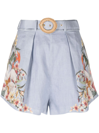 Shop Off-white Floral Print Linen Shorts In Blue
