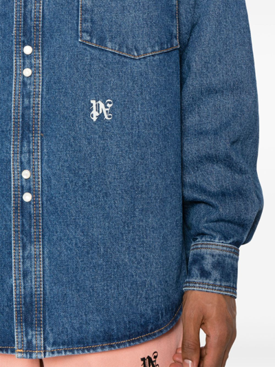 Shop Palm Angels Monogram Denim Shirt In Blue