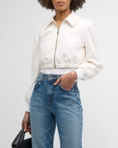 Shop Alice And Olivia Della Cropped Vegan Leather Bomber Jacket In Off White