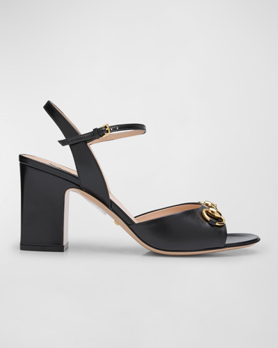 Shop Gucci Lady Leather Horsebit Ankle-strap Sandals In 1000 Nero