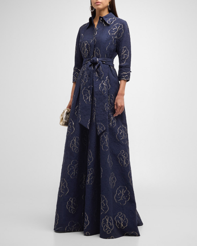 Shop Rickie Freeman For Teri Jon Pleated Metallic Floral Jacquard Shirt Gown In Navygold