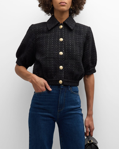 Shop L Agence Cove Cropped Short-sleeve Tweed Jacket In Black