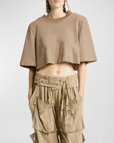 Shop Isabel Marant Zaely Strong-shoulder Short-sleeve Crop T-shirt In Khaki