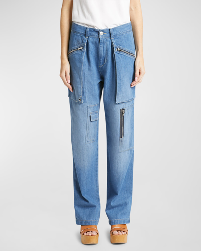 Shop Isabel Marant Juliette Pleated Straight-leg Denim Cargo Pants In Blue
