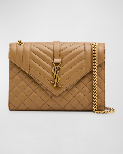 Saint Laurent Envelope Triquilt Medium Ysl Shoulder Bag In Smooth Quilted Leather In Dark Cork