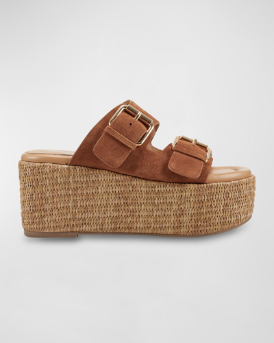 Shop Marc Fisher Ltd Palery Suede Double-buckle Platform Sandals In Medium Natural