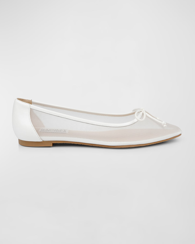 Shop Badgley Mischka Cam Mesh Leather Bow Ballerina Flats In White Mesh