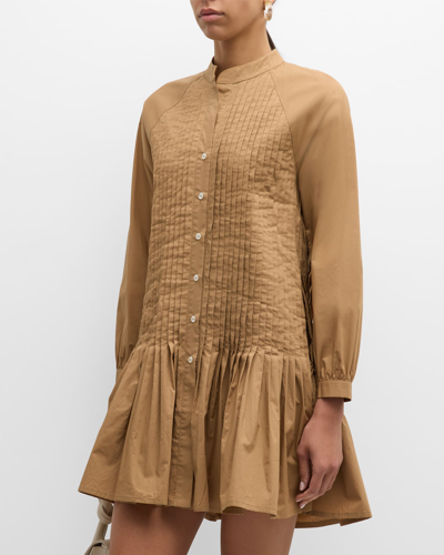 Shop Foemina Gemma Pintuck Cotton Poplin Mini Shirtdress In Camel