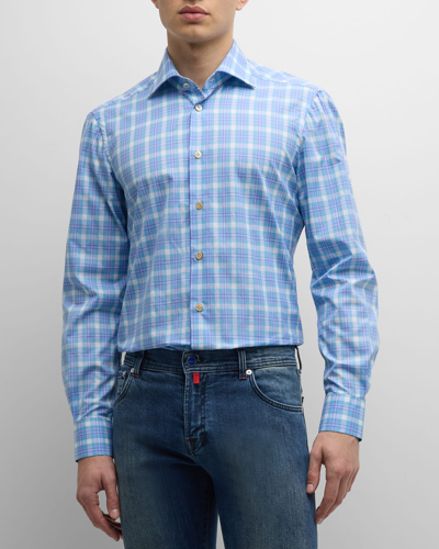 Shop Kiton Men's Cotton Plaid Sport Shirt In Blue