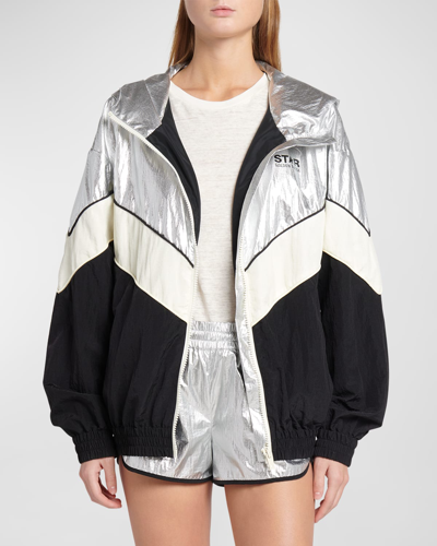 Shop Golden Goose Star Metallic Patchwork Windbreaker In Silverdark Papyru