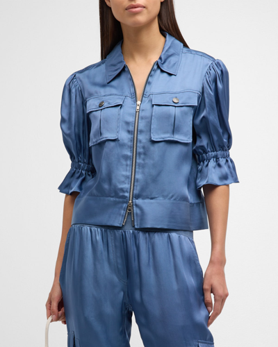 Shop Cinq À Sept Holly Short-sleeve Sateen Jacket In Indigo