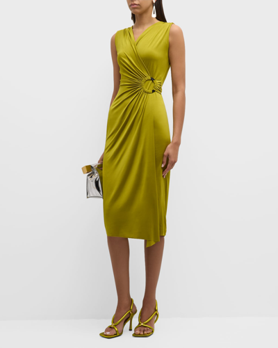 Shop Chiara Boni La Petite Robe Sleeveless Ruched Bodycon Midi Dress In Golden Green