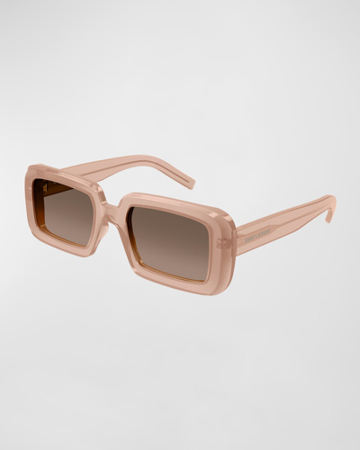 Shop Saint Laurent Sunrise Thick Rectangle Acetate Sunglasses In Shiny Opal Aprico