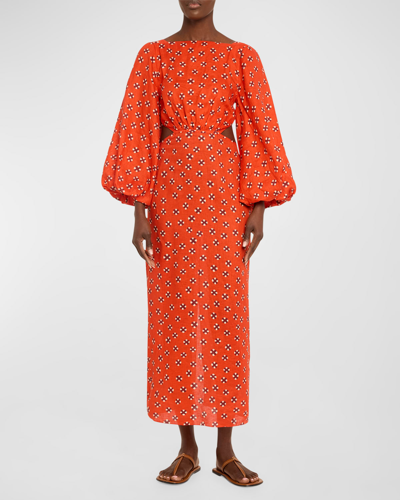 Shop Johanna Ortiz Geometric Composition Printed Open-back Puff-sleeve Linen Dress In Thirties Bianchin
