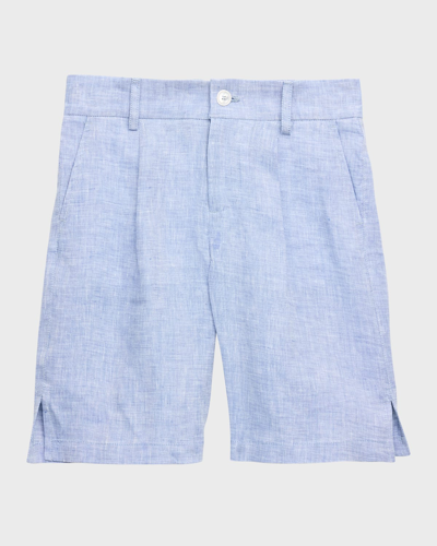 Shop Dolce & Gabbana Boy's Pleated-front Linen Shorts In Light Blue