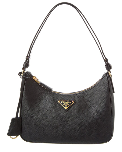 Shop Prada Logo Mini Saffiano Leather Shoulder Bag In Black