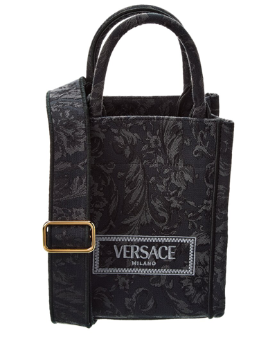 Shop Versace Barocco Athena Mini Canvas Tote In Black