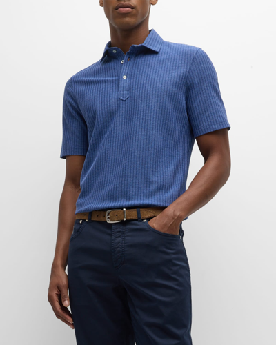 Shop Brunello Cucinelli Men's Cotton-silk Textured Polo Shirt In Medium Blue