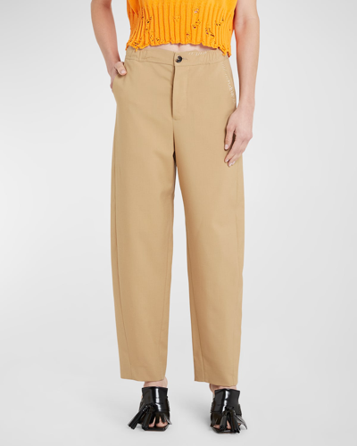 Shop Marni Straight-leg Wool Trousers With Logo Stitching In Khaki