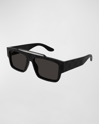 Shop Gucci Men's Gg1460sm Acetate Rectangle Sunglasses In Shiny Solid Black
