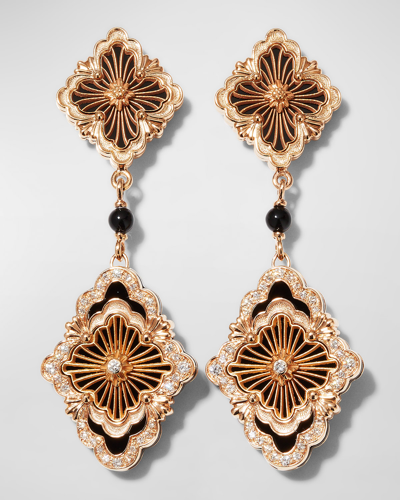 Shop Buccellati Opera Tulle Pendant Earrings With Onyx, Diamonds And 18k Pink Gold In 05 Yellow Gold