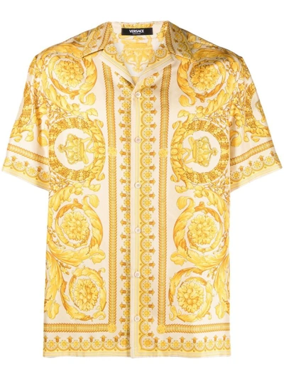 Shop Versace Barocco Print Silk Shirt In Golden