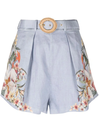Shop Off-white Zimmermann Floral Print Linen Shorts In Blue